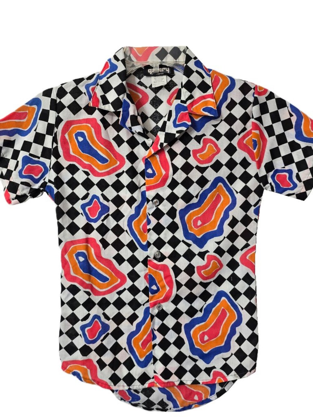 Vintage Disco Button Front Shirt M 10 12 Boys Checker Board Abstract Black Red